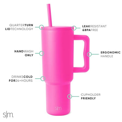 Simple Modern Tumbler with Handle and Straw | 40oz | Pink