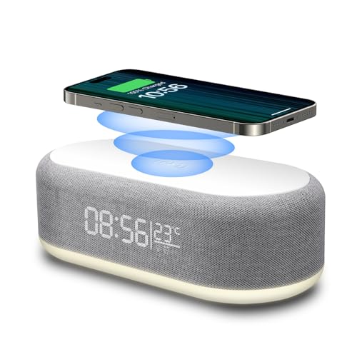 4 in 1 Wireless Charger with Alarm Clock Digital, 15W Wireless Fast Charger Station for iPhone/Samsung/Pixel,LED Display with Temperature,3 Dimmable Night Light and USB Charger (White)
