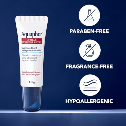 Aquaphor Lip Repair Lip Ointment for Extremely Dry, Chapped and Cracked Lips, Formulated with Panthenol and Vitamins C and E, Fragrance Free, Non Comedogenic Lip Balm, 10mL