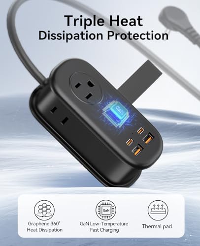 ORICO 65W GaN Travel Power Strip with 7-in-1 Charging Ports (3 AC Outlets/2 USB-A/2 USB-C), Flat Plug and 4FT Extension Cord, Fast Charger for MacBook Pro/Air, iPad Pro, iPhone 17/16/15- AP3
