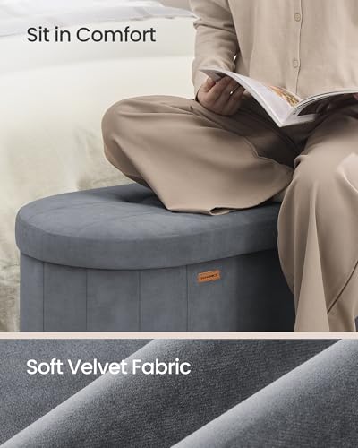 SONGMICS Folding Ottoman with Storage, Oval Storage Ottoman Bench, for Living Room, Velvet Fabric, 38 x 110 x 38 cm, Slate Gray ULSF297GN01