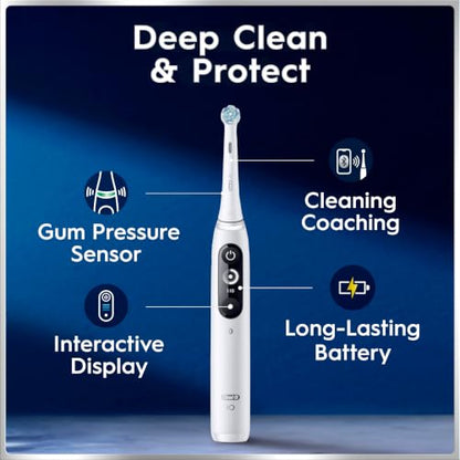 Oral-B iO Deep Clean + Protect Rechargeable Electric Toothbrush, White with Visible Pressure Sensor, 5 Cleaning Settings, 2 Min Timer, an iO Series 7 Toothbrush, 2 Replacement Brush Heads, and Charging Travel Case
