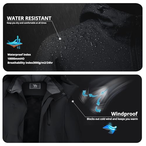 CAMEL Men's Winter Ski Jackets Waterproof Snow Coat with Hood Mountain Windproof Rain Jacket, Black, X-Large
