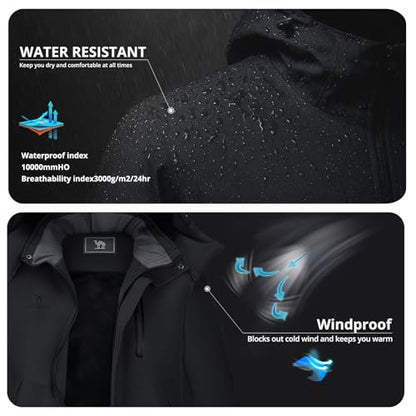 CAMEL Men's Winter Ski Jackets Waterproof Snow Coat with Hood Mountain Windproof Rain Jacket, Black, X-Large
