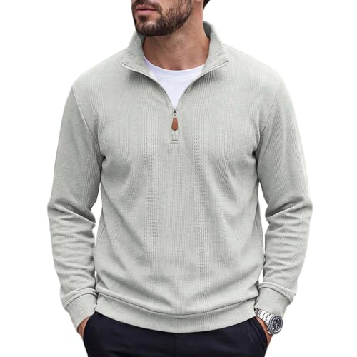 Mens Long Sleeve Shirts Warm Quarter Zip Pullover Waffle Knit Tees Gray