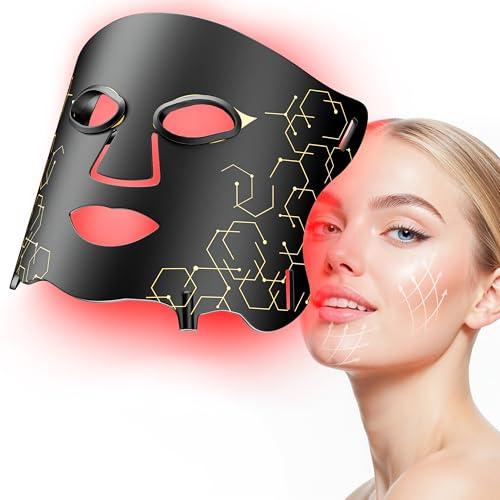 Aurphany Red Light Therapy Mask with Cooling Gel Pack, 7-Color NIR 850nm LED Face Light Therapy, Skin-Friendly Silicone Skincare Device, Rechargeable Remote - 180 Mins Use, Home Travel Gift, Black Gold