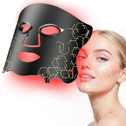 Aurphany Red Light Therapy Mask with Cooling Gel Pack, 7-Color NIR 850nm LED Face Light Therapy, Skin-Friendly Silicone Skincare Device, Rechargeable Remote - 180 Mins Use, Home Travel Gift, Black Gold