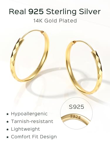 ChicSilver 14k Gold Plated Hoop Earrings for Women, 14k Gold Plated 925 Silver Hoop Earrings, Lightweight Diamond-cut Endless Huggie Earrings 30MM