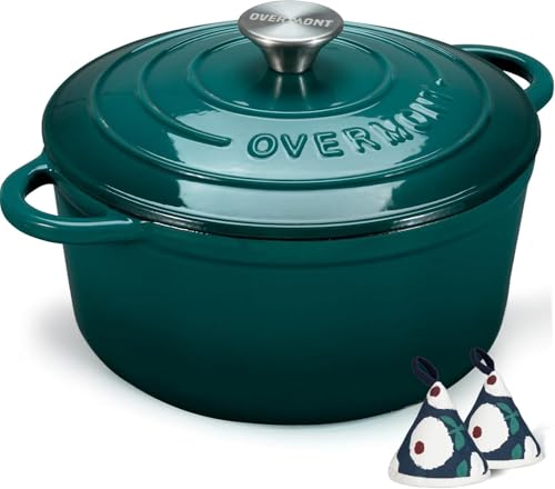 Overmont Enameled Cast Iron Dutch Oven - Lid Cookbook 5.5QT Darkcyan