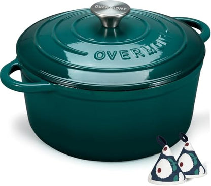 Overmont Enameled Cast Iron Dutch Oven - Lid Cookbook 5.5QT Darkcyan