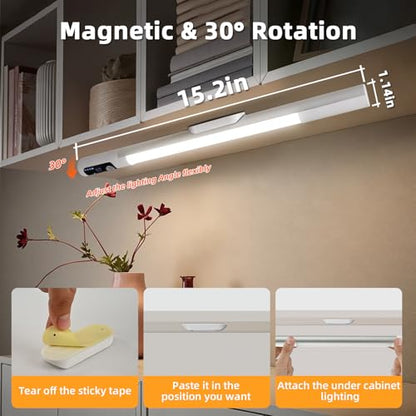 DEXULESA 15.2" 2 Pack Motion Sensor Under Cabinet Lighting with Digital Display, 4 Brightness & 3 Color Temperatures, Rechargeable Led Under Cabinet Lights for Closet Cabinet Bedroom Hallway