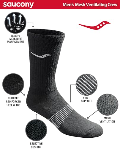 Saucony mens Multi-pack Mesh Ventilating Comfort Fit Performance Crew Socks, Black (12 Pairs), 8-12