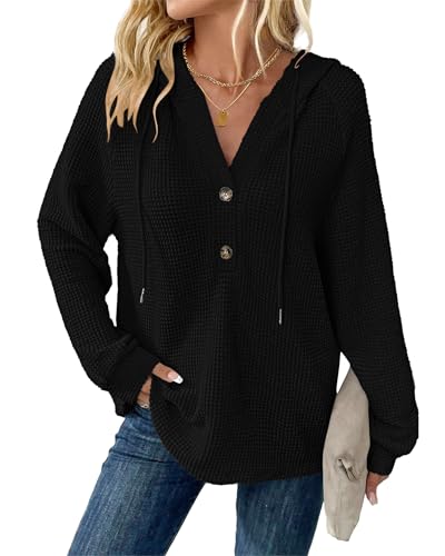 WNEEDU Womens Long Sleeve Tops Waffle Knit Hoodies Sweatshirt Black