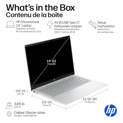 HP Chromebook 14 Inch Laptop, 2K Display, Intel N150, 8 GB RAM, 128 GB UFS, Intel Graphics, Chrome OS, Glacier Silver, 14a-nk0006ca