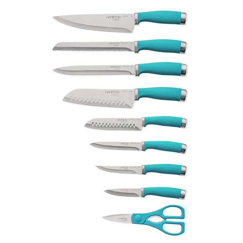 Hampton Forge Epicure Aqua 15-Piece Knife Set with Block | stainless steel, wood block | slip-resistant ergonomic handles | includes chef and slicing knives, knife block set