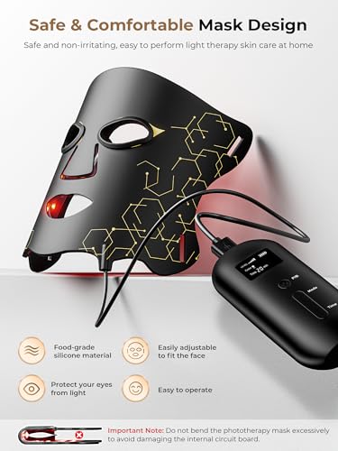 Aurphany Red Light Therapy Mask with Cooling Gel Pack, 7-Color NIR 850nm LED Face Light Therapy, Skin-Friendly Silicone Skincare Device, Rechargeable Remote - 180 Mins Use, Home Travel Gift, Black Gold