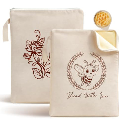 Reusable Beeswax Bread Bags for Homemade Bread with Wide Zipper 2Pack