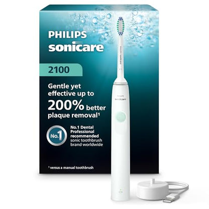 Philips Sonicare 2100 Rechargeable Electric Toothbrush, 1 Brush Head, White | 200% More Plaque Removal, 2 Brush Settings, 2-Minute Guided Timer, QuadPacer, EasyStart, 14-Day Battery, HX3661/04