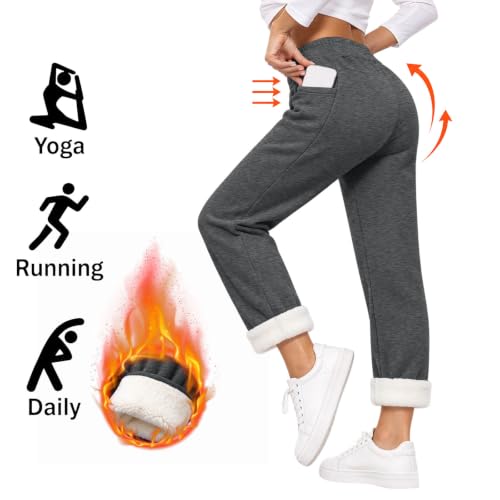 Sweat Pants Women Women Fleece Lined Sweatpants Warm Thick Winter Jogger Pants Elastic Waist Casual Running Yoga Trousers with Pockets Gray X-Large