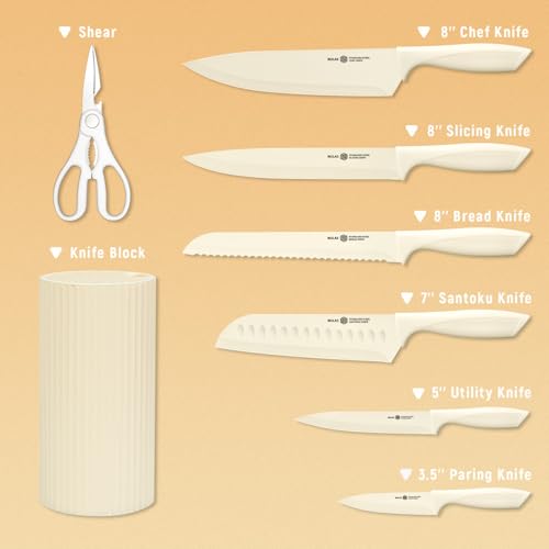 NULAS Knife Set, 8-Piece Kitchen Knife Set with Universal Block - Anti-Rust Chef Knives, Ergonomic Design, Dishwasher Safe (Cream)