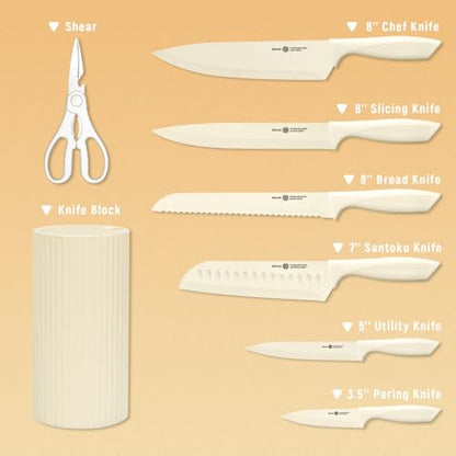 NULAS Knife Set, 8-Piece Kitchen Knife Set with Universal Block - Anti-Rust Chef Knives, Ergonomic Design, Dishwasher Safe (Cream)