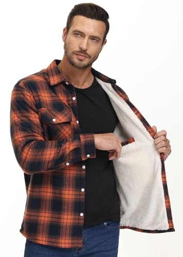 TACVASEN Flannel Shirt for Men Fleece Lined Coat Outdoor Sherpa Jacket Men Button Winter Coat Cotton Jacket for Men Casual Orange, XL