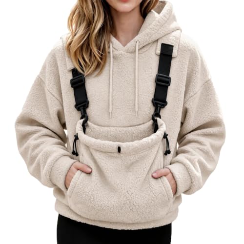 Dog Pouch Sweater Womens Pet Carrier Hoodie 2026 Fall Winter Fleece Sweatshirt Long Sleeve Pullover with Pet Pouch Pocket for Cat Dog Khaki X-Large