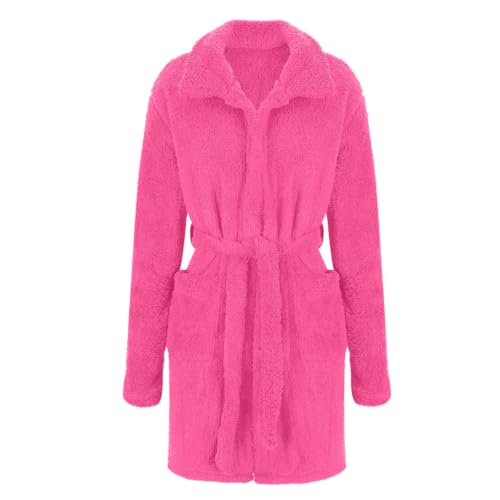 Womens Plush Robes Solid Short Bathrobe with Pockets and Belt