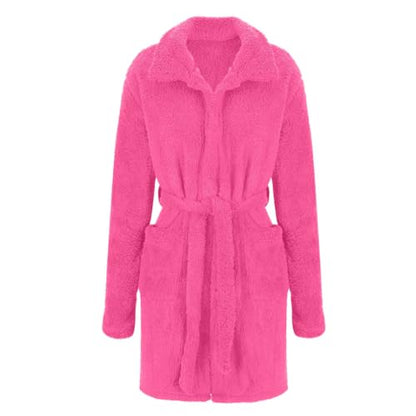 Womens Plush Robes Solid Short Bathrobe with Pockets and Belt