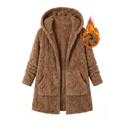 Fall Jackets for Women Jackets for Women Fuzzy Hooded Coat Mid‑Length Diamond Quilted Zip Up Plush Jacket for Home Lounging Brown S