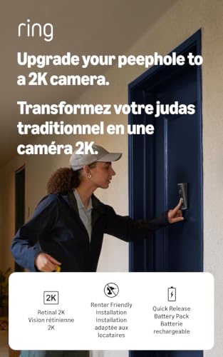 Ring Peephole Cam 2K (Newest Model), replaces physical peephole viewing with Retinal 2K and wide-angle video, renter-friendly installation, Speckled Gray