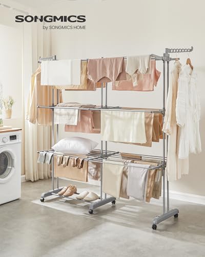 SONGMICS Clothes Drying Rack 4-Tier, Foldable Laundry Drying Rack 177.5 cm Tall, Extendable Rods, Stainless Steel, Rolling Clothes Horses, Laundry Airer, Indoor Outdoor Use, Dove Gray ULLR704G01