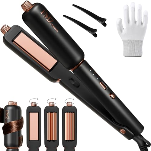FMZ Rotating 4-in-1 Hair Straightener, Professional Titanium Ceramic Dual Voltage Ionic Flat Iron, 0.85 Inch Mini Travel Size, 10s Fast Heating for Straightening, Curling, Volumizing, Root Lift, Black