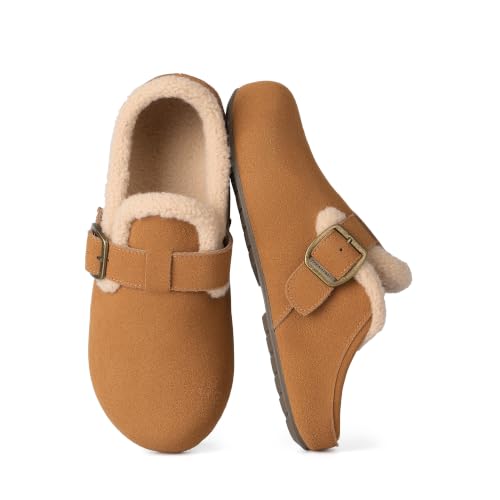 DREAM PAIRS Women's Fur Lined Clogs Genuine Suede Potato Shoes,Chestnut,9
