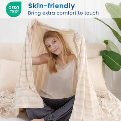 Syalife Cooling Blanket King Size for Hot Sleepers and Flashes, Ultra Thin Lightweight Summer Blankets with Q-Max 0.5 Arc-Chill Fiber, Double Sided (Striped Beige, 108"x 90")