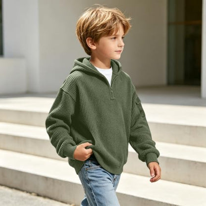 Gym Clothes Men Boys Waffle Knit Quarter Zip Hoodie Kids Back to School Hooded Pullover Tops Fashion Fall Winter Casual Sweatshirt 9 Years H01 Army Green