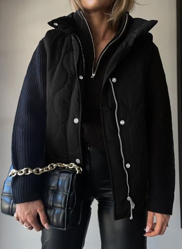 EVALESS Casual Cropped Black Puffer Vest Women Lightweight Quilted Stand Collar Sleeveless Jackets Fall 2026 Button Zip Up Warm Coat Outerwear with Pockets Small