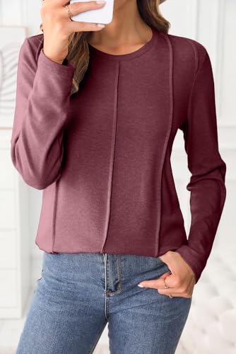 EVALESS Womens Tops Blouses Dressy for Women 2024 Trendy Summer Fall Dressy Casual Long Sleeve Blouses Solid Color Loose Round Neck Pleated Basic T Shirts Outfits,Red Dahlia Medium
