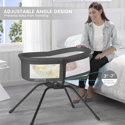 ANGELBLISS 3 in 1 Rocking Bassinet & Baby Portable Travel Bedside Crib, Side to Side Manual Rocking Motion Bassinet, Mattress Included (Black)