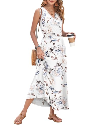 WNEEDU Wedding Guest Dresses for Women Maxi Empire Waist Flowy Summer Dress, Floral White XL