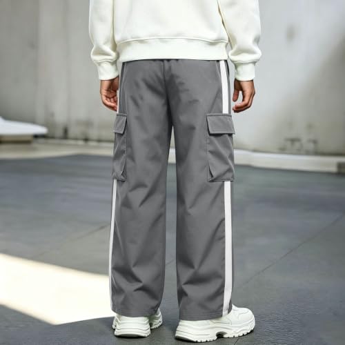 Boys Cargo Pants Elastic Waist Wide Leg Casual Pants with Pockets Gray