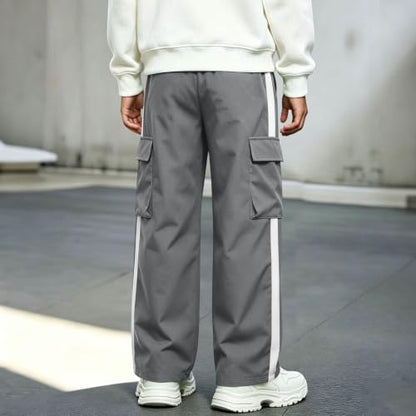 Boys Cargo Pants Elastic Waist Wide Leg Casual Pants with Pockets Gray
