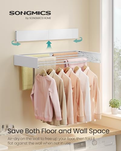 SONGMICS Wall Mounted Drying Rack, Clothes Drying Rack Foldable, 80 cm Wide Laundry Clothes Airer with Wall Template, 5 Fold-Out Aluminum Alloy Bars, Indoor, Matte White ULLR809WE01