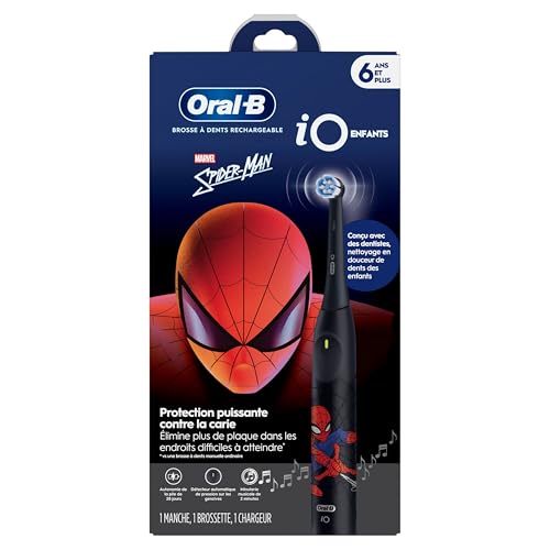 Oral-B iO Kids Rechargeable Electric Powered Toothbrush, Spiderman with 1 Gentle Care Brush Head - Automatic Pressure Sensor to Protect Gums - 3 Cleaning Settings - 2 Min Music Timer - 28 Day Battery Life