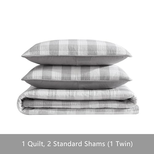 Eddie Bauer- Twin Quilt Set, Cotton Reversible Bedding with Matching Sham, Home Decor for All Seasons (Lakehouse Plaid Light Grey, Twin)