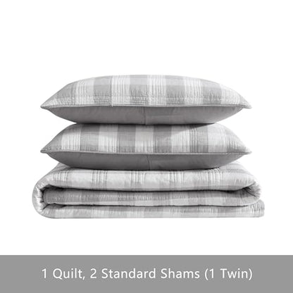 Eddie Bauer- Twin Quilt Set, Cotton Reversible Bedding with Matching Sham, Home Decor for All Seasons (Lakehouse Plaid Light Grey, Twin)