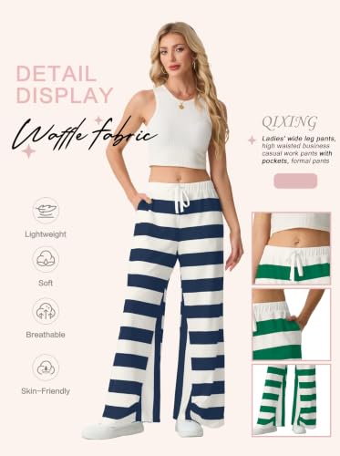 Qixing Women Striped Wide Leg Pants Beach Travel Wear with Pockets