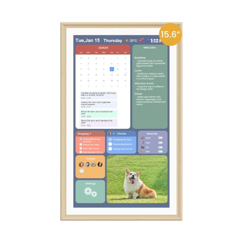 Winnovo 15.6-Inch Smart Digital Calendar & Photo Frame for Family, Wall Planner with Light Wood Frame, Auto-Sync to Apple, Google & Outlook, Touchscreen Display with Chore Chart, To-Do Lists & Meal Planner, No Subscription