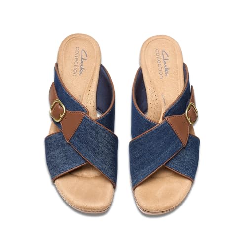 Clarks Collection Women's Seannah Nora Wedge Sandal, Dark Denim Textile, 8 Medium US
