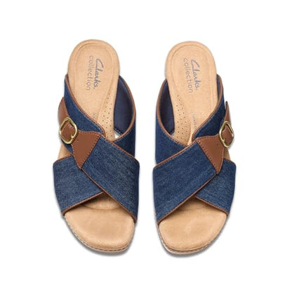 Clarks Collection Women's Seannah Nora Wedge Sandal, Dark Denim Textile, 8 Medium US